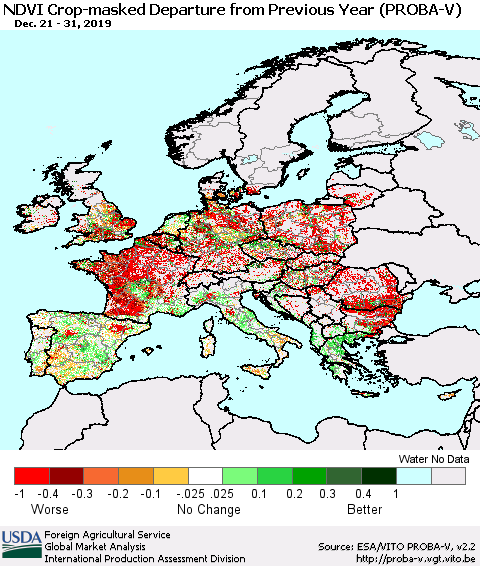 Europe NDVI Crop-masked Departure from Previous Year (PROBA-V) Thematic Map For 12/21/2019 - 12/31/2019