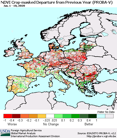 Europe NDVI Crop-masked Departure from Previous Year (PROBA-V) Thematic Map For 1/1/2020 - 1/10/2020