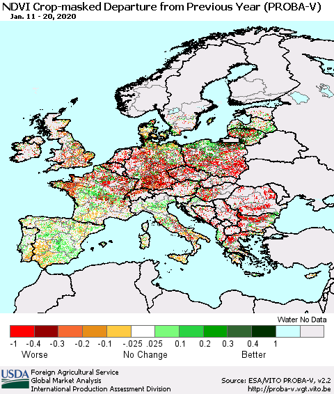 Europe NDVI Crop-masked Departure from Previous Year (PROBA-V) Thematic Map For 1/11/2020 - 1/20/2020