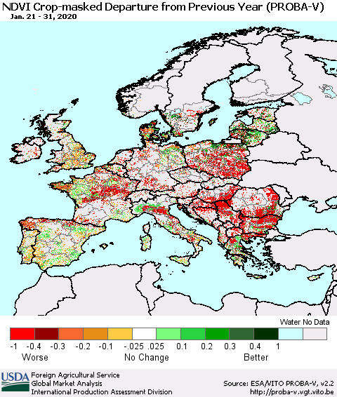 Europe NDVI Crop-masked Departure from Previous Year (PROBA-V) Thematic Map For 1/21/2020 - 1/31/2020