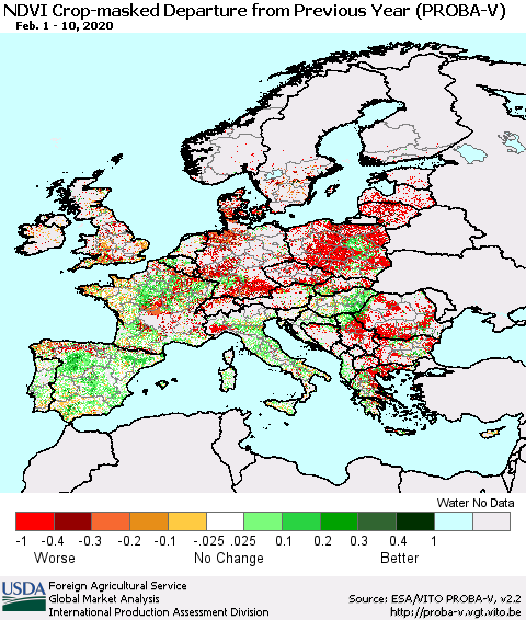 Europe NDVI Crop-masked Departure from Previous Year (PROBA-V) Thematic Map For 2/1/2020 - 2/10/2020