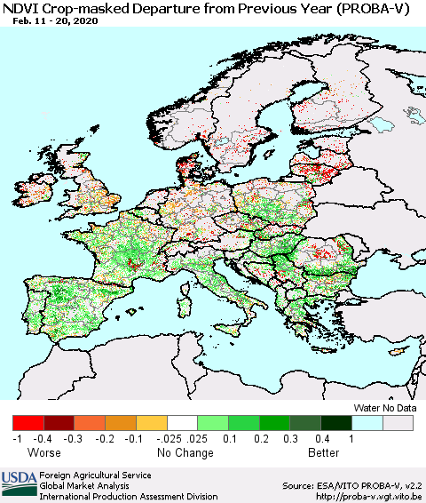 Europe NDVI Crop-masked Departure from Previous Year (PROBA-V) Thematic Map For 2/11/2020 - 2/20/2020