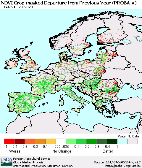 Europe NDVI Crop-masked Departure from Previous Year (PROBA-V) Thematic Map For 2/21/2020 - 2/29/2020