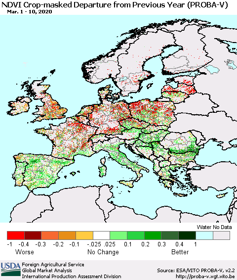 Europe NDVI Crop-masked Departure from Previous Year (PROBA-V) Thematic Map For 3/1/2020 - 3/10/2020