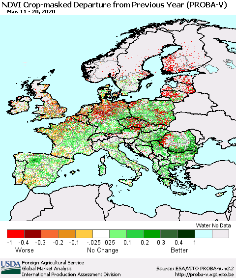 Europe NDVI Crop-masked Departure from Previous Year (PROBA-V) Thematic Map For 3/11/2020 - 3/20/2020