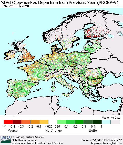 Europe NDVI Crop-masked Departure from Previous Year (PROBA-V) Thematic Map For 3/21/2020 - 3/31/2020