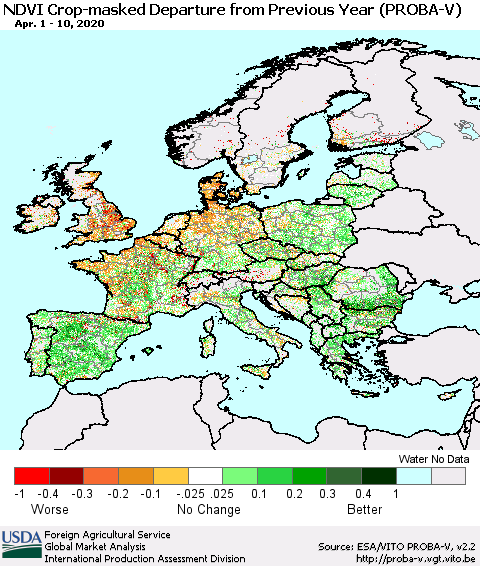 Europe NDVI Crop-masked Departure from Previous Year (PROBA-V) Thematic Map For 4/1/2020 - 4/10/2020