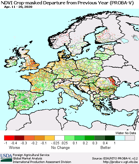 Europe NDVI Crop-masked Departure from Previous Year (PROBA-V) Thematic Map For 4/11/2020 - 4/20/2020