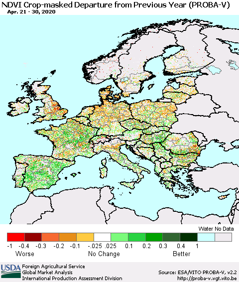 Europe NDVI Crop-masked Departure from Previous Year (PROBA-V) Thematic Map For 4/21/2020 - 4/30/2020