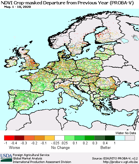 Europe NDVI Crop-masked Departure from Previous Year (PROBA-V) Thematic Map For 5/1/2020 - 5/10/2020