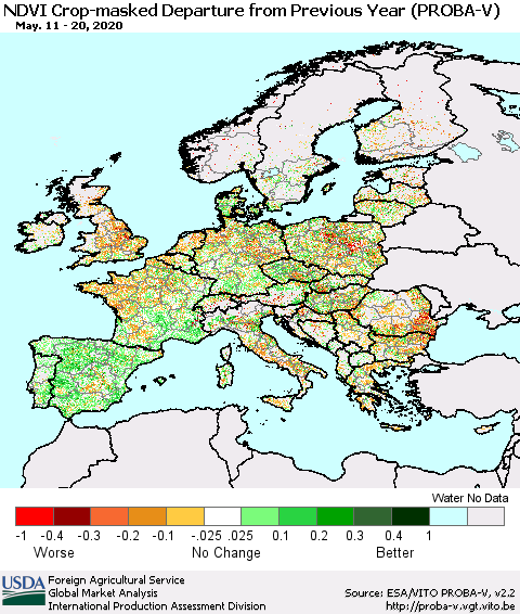Europe NDVI Crop-masked Departure from Previous Year (PROBA-V) Thematic Map For 5/11/2020 - 5/20/2020
