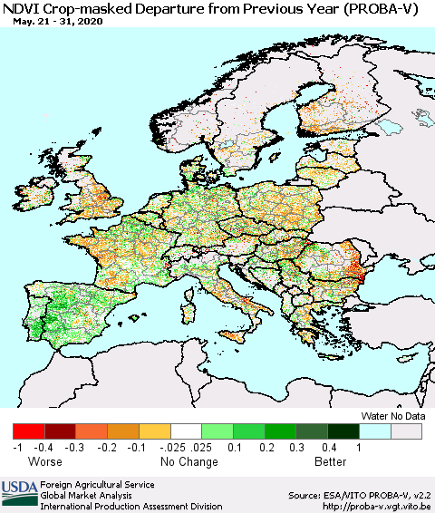 Europe NDVI Crop-masked Departure from Previous Year (PROBA-V) Thematic Map For 5/21/2020 - 5/31/2020