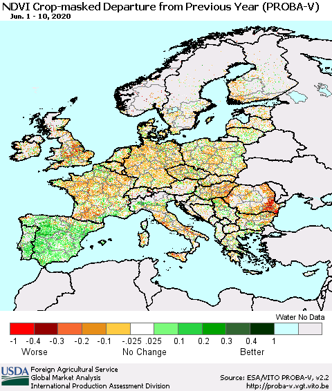 Europe NDVI Crop-masked Departure from Previous Year (PROBA-V) Thematic Map For 6/1/2020 - 6/10/2020