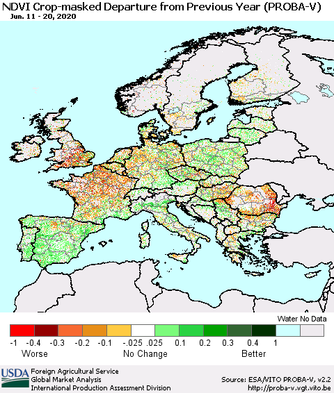 Europe NDVI Crop-masked Departure from Previous Year (PROBA-V) Thematic Map For 6/11/2020 - 6/20/2020