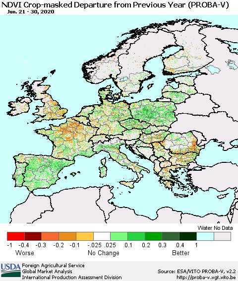 Europe NDVI Crop-masked Departure from Previous Year (PROBA-V) Thematic Map For 6/21/2020 - 6/30/2020