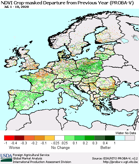 Europe NDVI Crop-masked Departure from Previous Year (PROBA-V) Thematic Map For 7/1/2020 - 7/10/2020