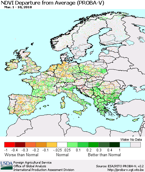 Europe NDVI Departure from Average (PROBA-V) Thematic Map For 3/1/2018 - 3/10/2018