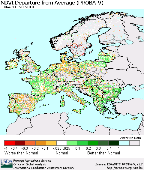 Europe NDVI Departure from Average (PROBA-V) Thematic Map For 3/11/2018 - 3/20/2018
