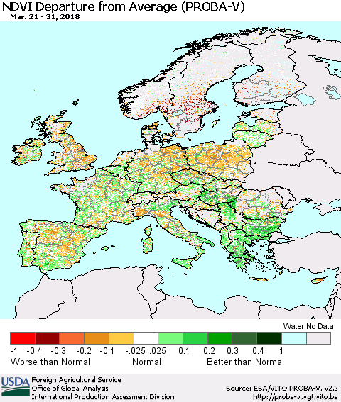 Europe NDVI Departure from Average (PROBA-V) Thematic Map For 3/21/2018 - 3/31/2018