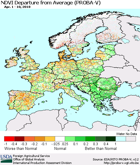 Europe NDVI Departure from Average (PROBA-V) Thematic Map For 4/1/2018 - 4/10/2018