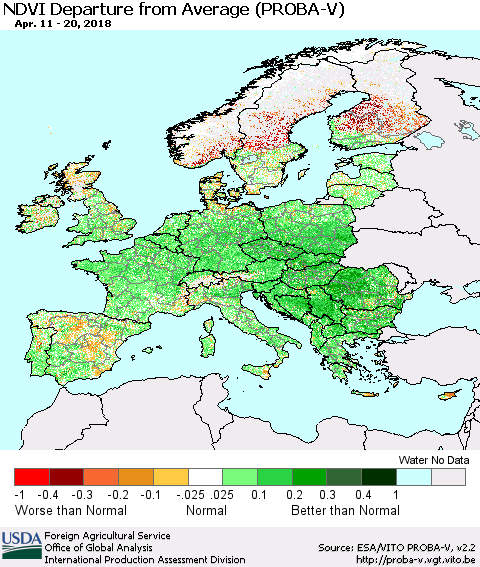 Europe NDVI Departure from Average (PROBA-V) Thematic Map For 4/11/2018 - 4/20/2018