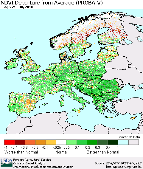 Europe NDVI Departure from Average (PROBA-V) Thematic Map For 4/21/2018 - 4/30/2018