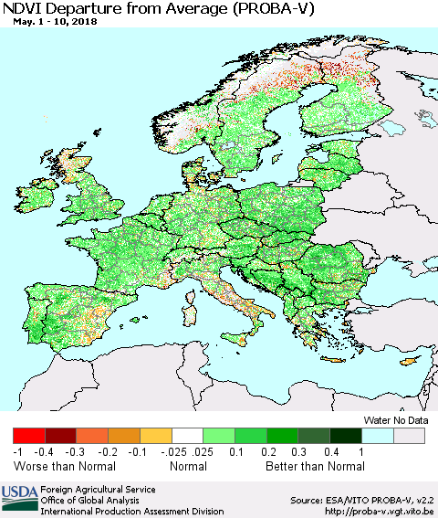 Europe NDVI Departure from Average (PROBA-V) Thematic Map For 5/1/2018 - 5/10/2018