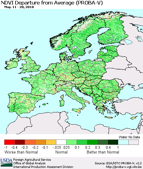 Europe NDVI Departure from Average (PROBA-V) Thematic Map For 5/11/2018 - 5/20/2018