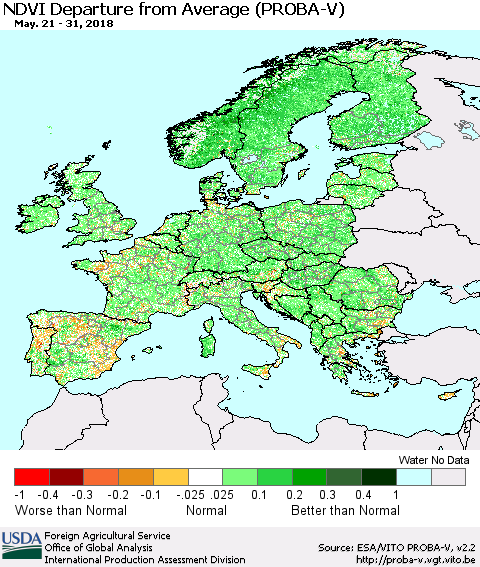 Europe NDVI Departure from Average (PROBA-V) Thematic Map For 5/21/2018 - 5/31/2018