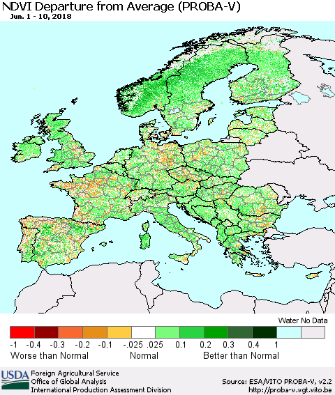 Europe NDVI Departure from Average (PROBA-V) Thematic Map For 6/1/2018 - 6/10/2018