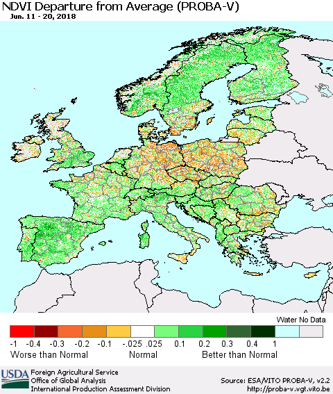 Europe NDVI Departure from Average (PROBA-V) Thematic Map For 6/11/2018 - 6/20/2018