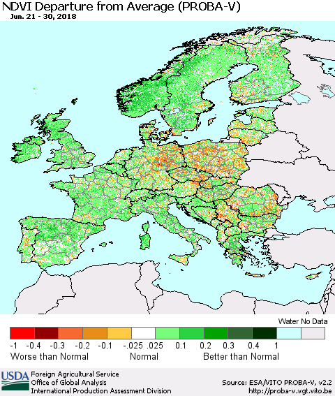 Europe NDVI Departure from Average (PROBA-V) Thematic Map For 6/21/2018 - 6/30/2018