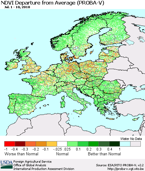 Europe NDVI Departure from Average (PROBA-V) Thematic Map For 7/1/2018 - 7/10/2018