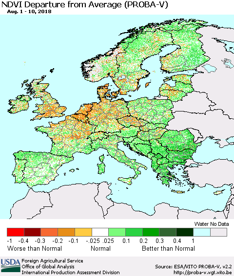 Europe NDVI Departure from Average (PROBA-V) Thematic Map For 8/1/2018 - 8/10/2018
