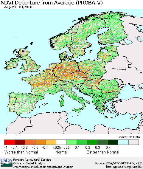 Europe NDVI Departure from Average (PROBA-V) Thematic Map For 8/21/2018 - 8/31/2018