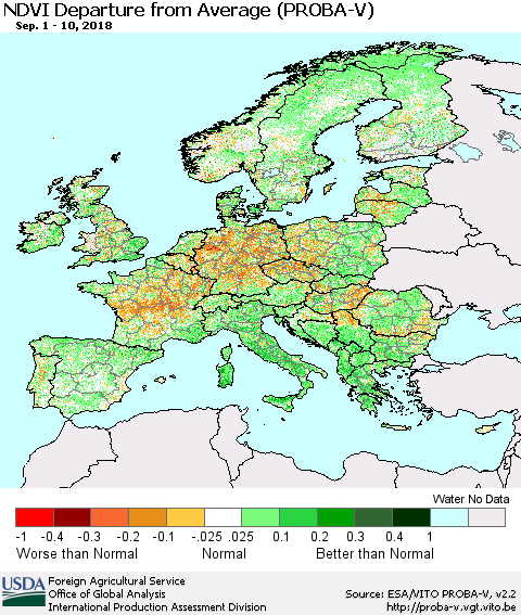 Europe NDVI Departure from Average (PROBA-V) Thematic Map For 9/1/2018 - 9/10/2018