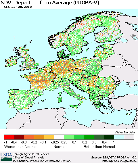 Europe NDVI Departure from Average (PROBA-V) Thematic Map For 9/11/2018 - 9/20/2018