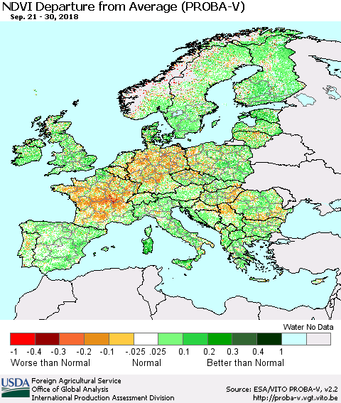 Europe NDVI Departure from Average (PROBA-V) Thematic Map For 9/21/2018 - 9/30/2018