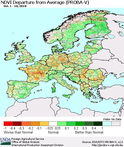 Europe NDVI Departure from Average (PROBA-V) Thematic Map For 10/1/2018 - 10/10/2018