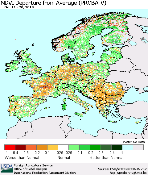 Europe NDVI Departure from Average (PROBA-V) Thematic Map For 10/11/2018 - 10/20/2018