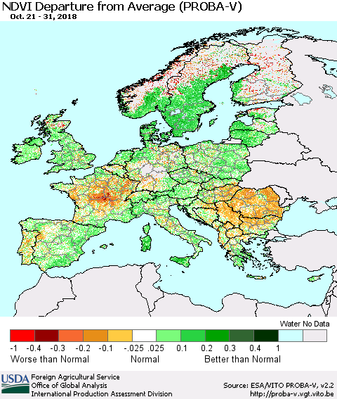 Europe NDVI Departure from Average (PROBA-V) Thematic Map For 10/21/2018 - 10/31/2018