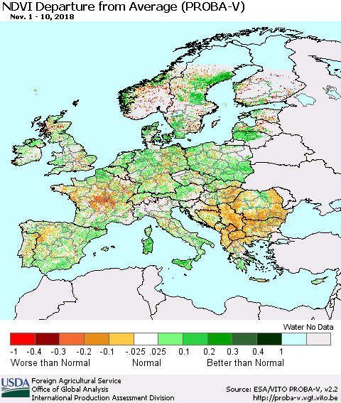 Europe NDVI Departure from Average (PROBA-V) Thematic Map For 11/1/2018 - 11/10/2018