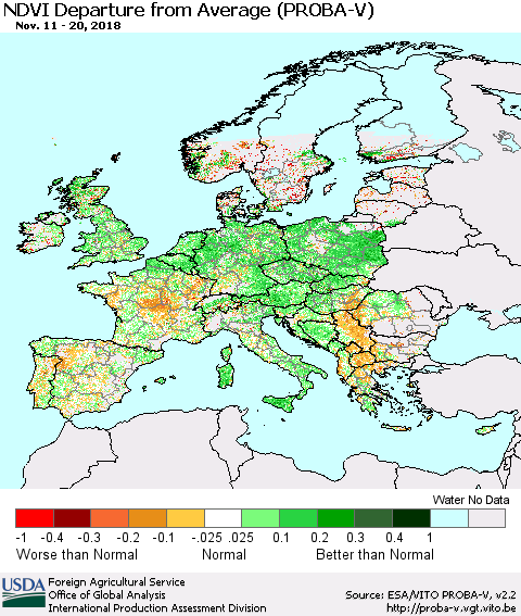 Europe NDVI Departure from Average (PROBA-V) Thematic Map For 11/11/2018 - 11/20/2018