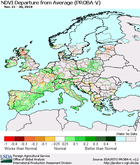 Europe NDVI Departure from Average (PROBA-V) Thematic Map For 11/21/2018 - 11/30/2018