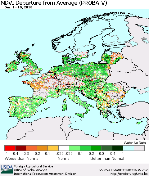 Europe NDVI Departure from Average (PROBA-V) Thematic Map For 12/1/2018 - 12/10/2018