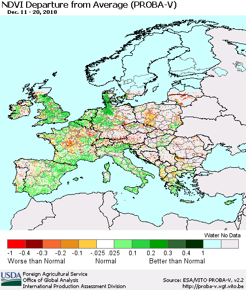 Europe NDVI Departure from Average (PROBA-V) Thematic Map For 12/11/2018 - 12/20/2018
