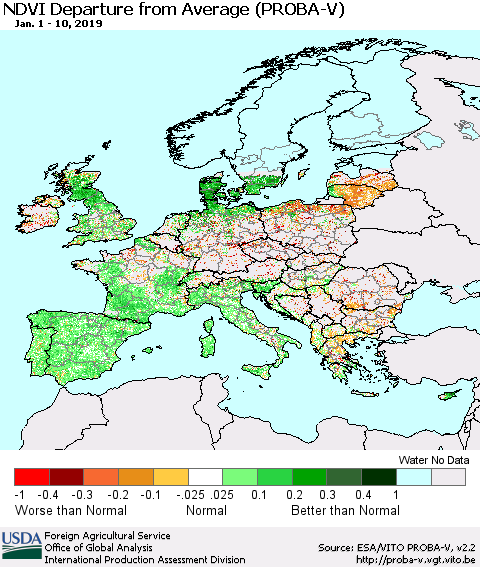 Europe NDVI Departure from Average (PROBA-V) Thematic Map For 1/1/2019 - 1/10/2019