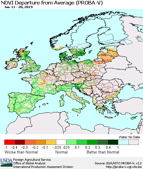Europe NDVI Departure from Average (PROBA-V) Thematic Map For 1/11/2019 - 1/20/2019