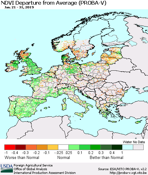 Europe NDVI Departure from Average (PROBA-V) Thematic Map For 1/21/2019 - 1/31/2019