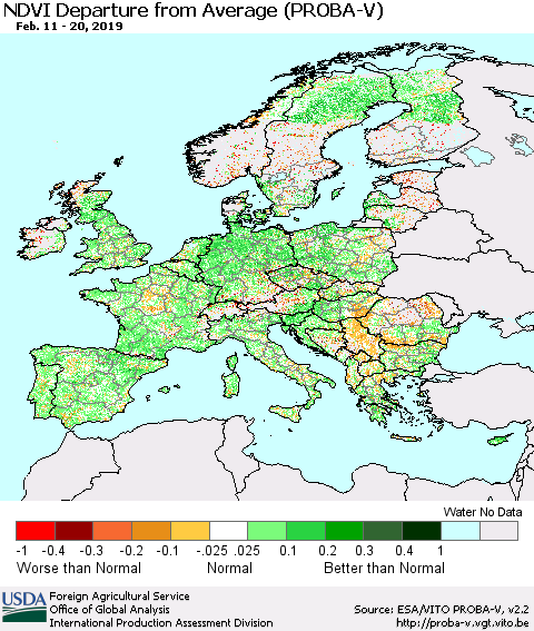 Europe NDVI Departure from Average (PROBA-V) Thematic Map For 2/11/2019 - 2/20/2019